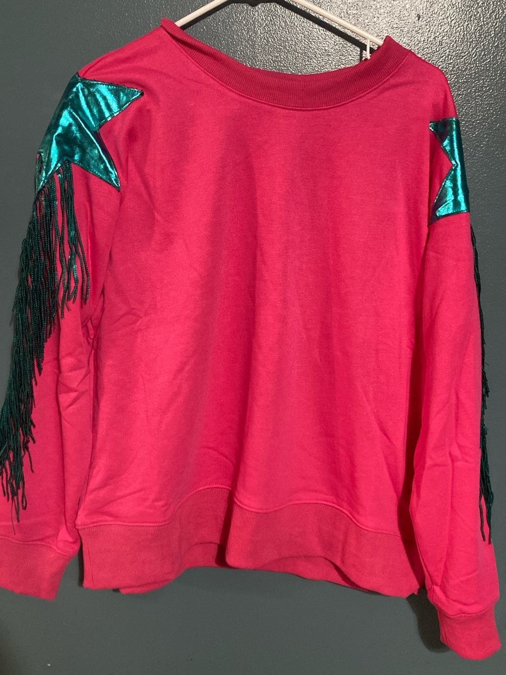 Fantastic Fawn Hot Pink Sweatshirt with Teal Star Patches & Fringe